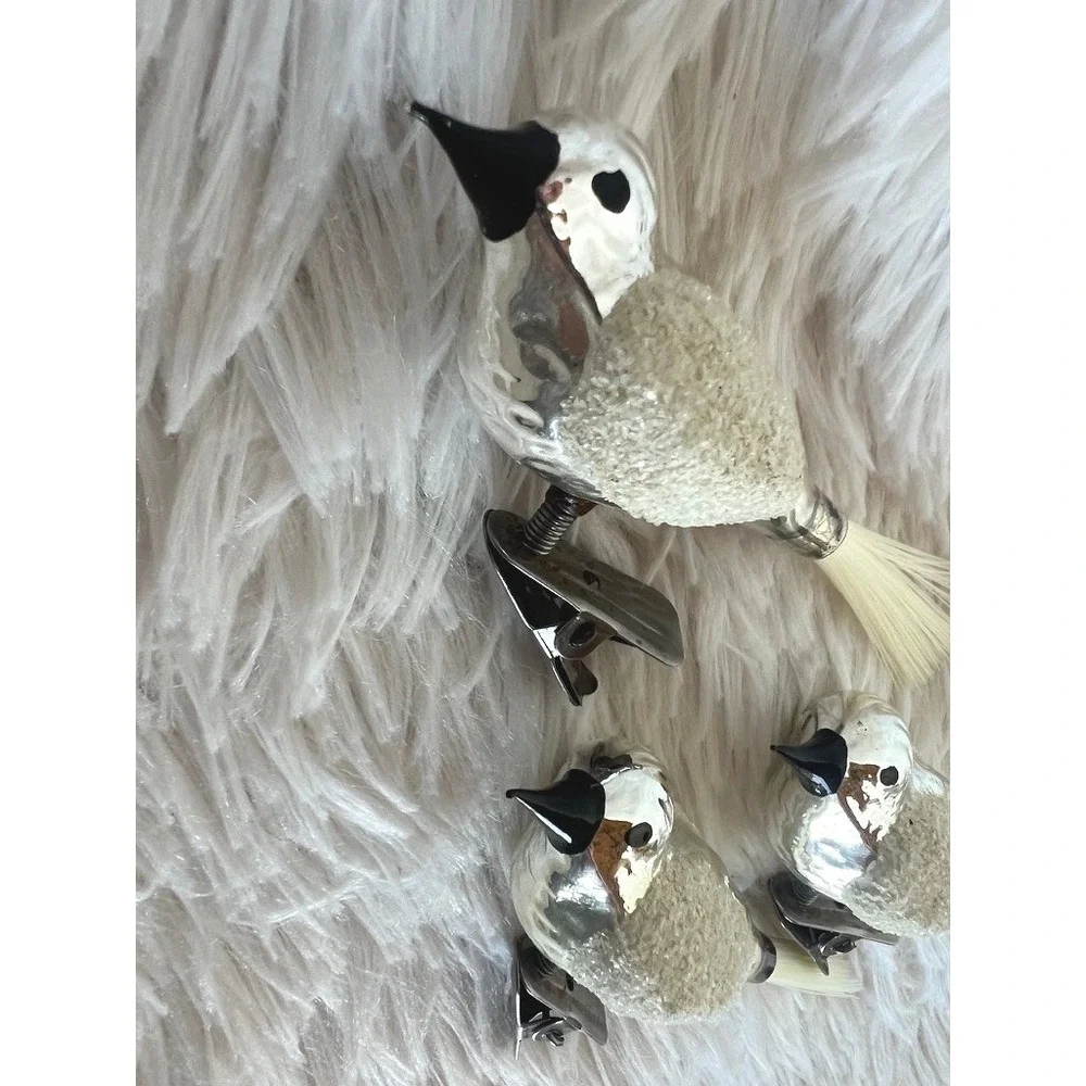 Vintage Mercury Glass Clip On Bird Ornaments White Flocked Christmas Decor Set 3